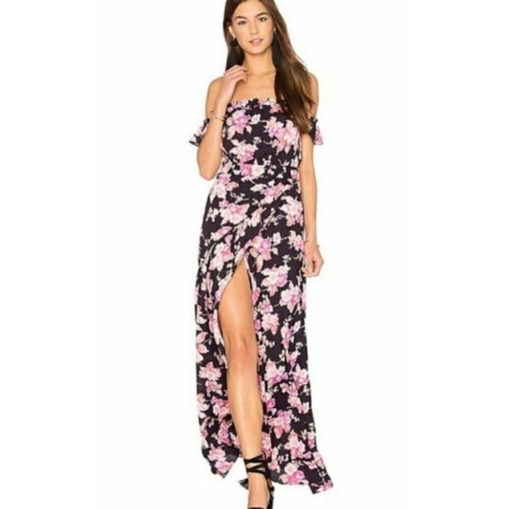 New Flynn Skye Black Blossoms Bella Maxi Dress Womens XS Pink Floral Rayon